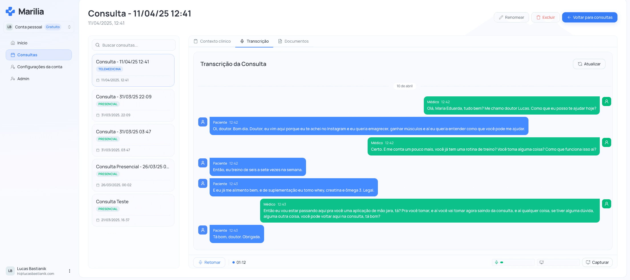 Marilia AI medical documentation dashboard interface showing real-time speech-to-text and clinical notes